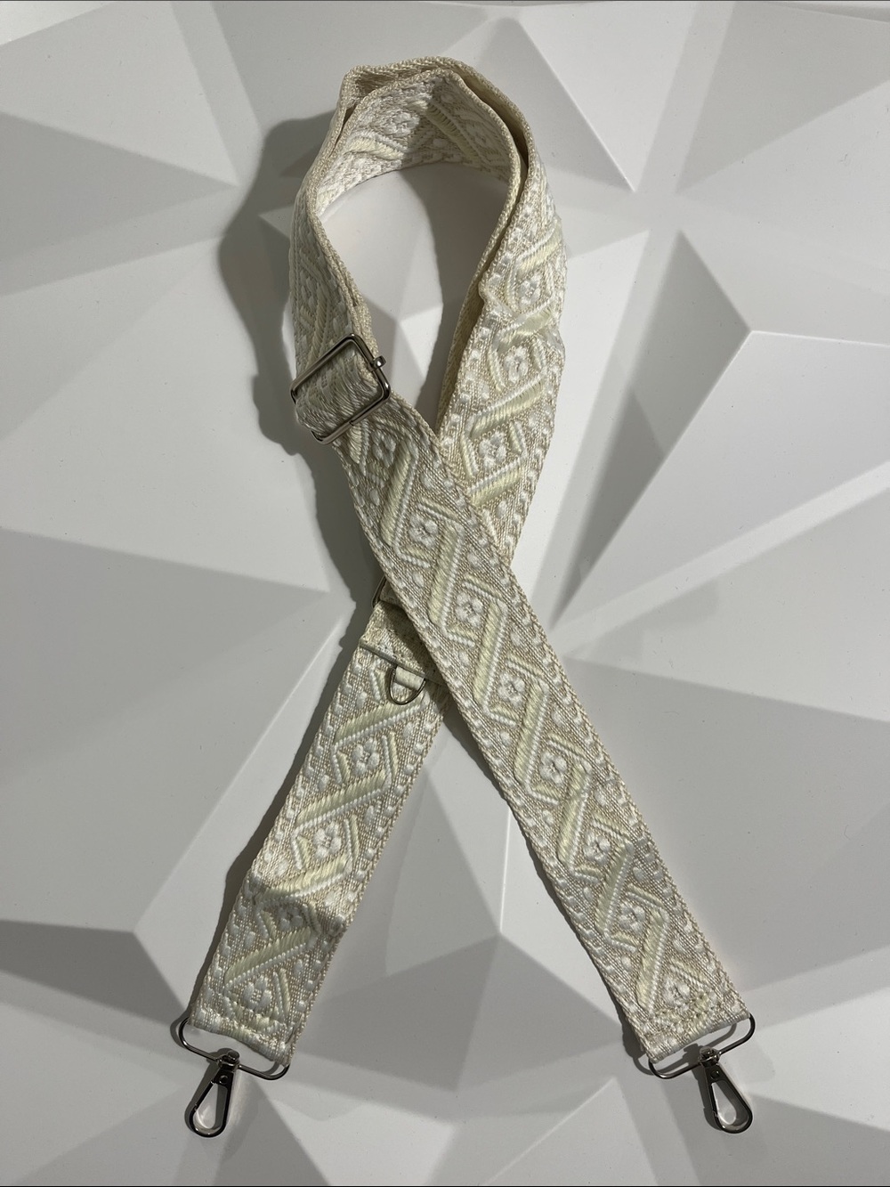 Cream Woven Adjustable Bag Strap with Geometric Embroidery